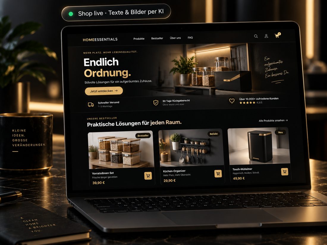 Laptop mit fertigem Online-Shop – Texte und Bilder per KI erstellt