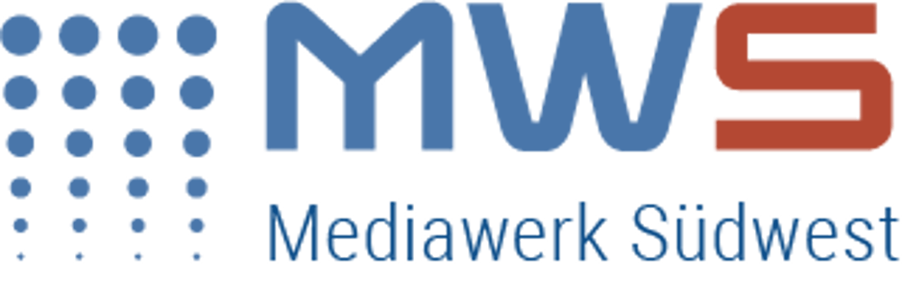 Logo Mediawerk Südwest: Blaue Punkte bilden ein Quadrat, daneben blaue Buchstaben "MW" und rotes "S", darunter "Mediawerk Südwest".