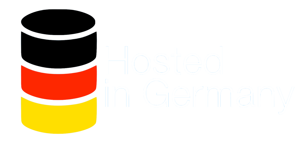 Ein Datenbankstapel in den Farben der deutschen Flagge neben weißem Text "Hosted in Germany".
