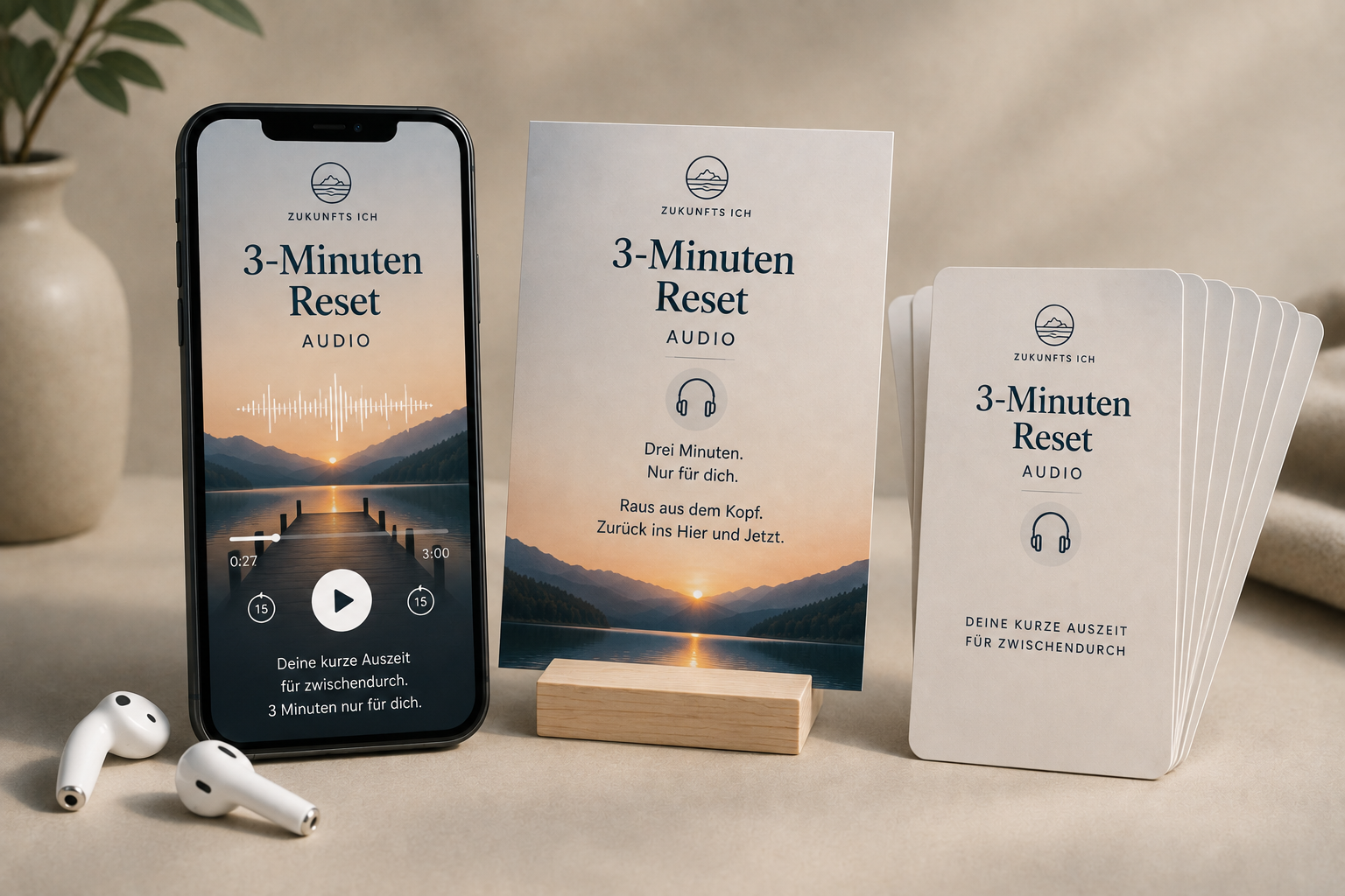 3-Minuten-Reset Audio auf Smartphone, Karte und Begleitblättern