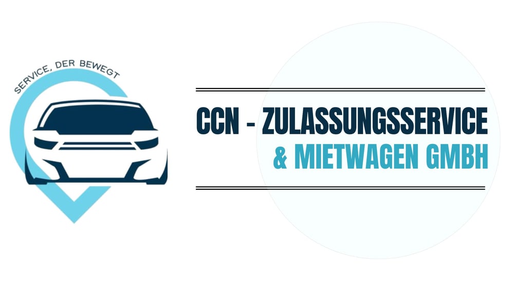 Logo: Weißes Auto auf hellblauem Standort-Pin. Text: "SERVICE, DER BEWEGT" und "CCN - ZULASSUNGSSERVICE & MIETWAGEN GMBH".