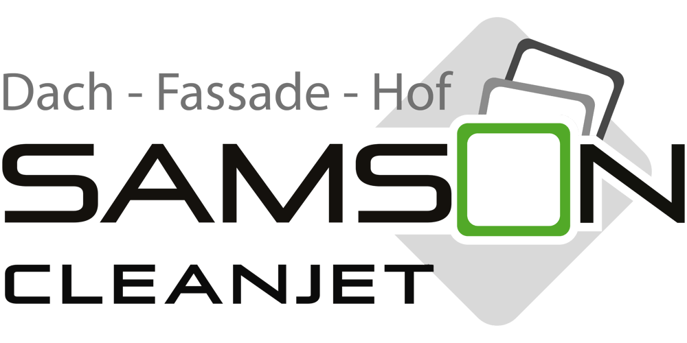 Firmenlogo Samson Cleanjet mit Text "Dach - Fassade - Hof" und Symbolen für Dachschindeln.