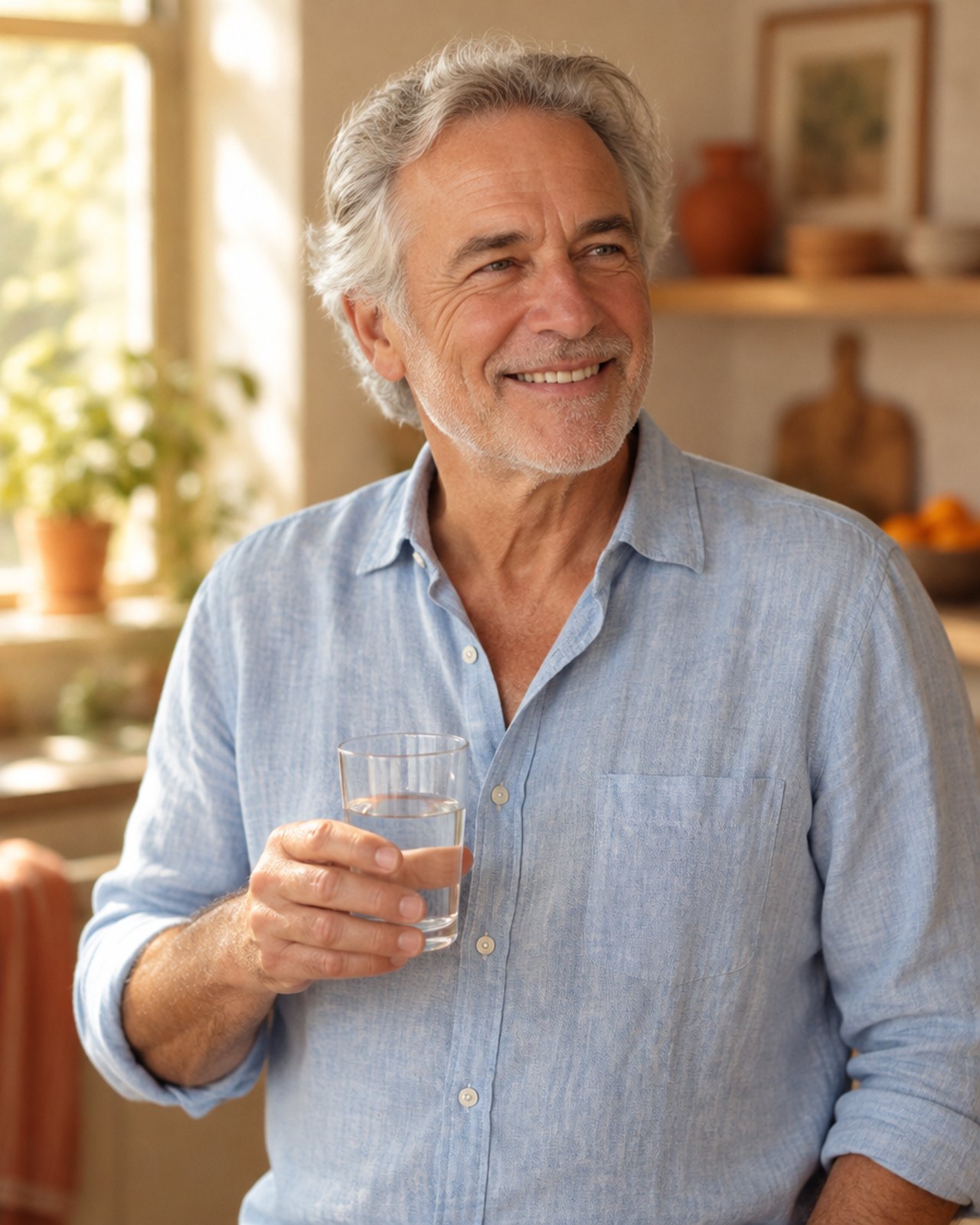 Älterer Mann mit einem Glas Wasser in der Hand