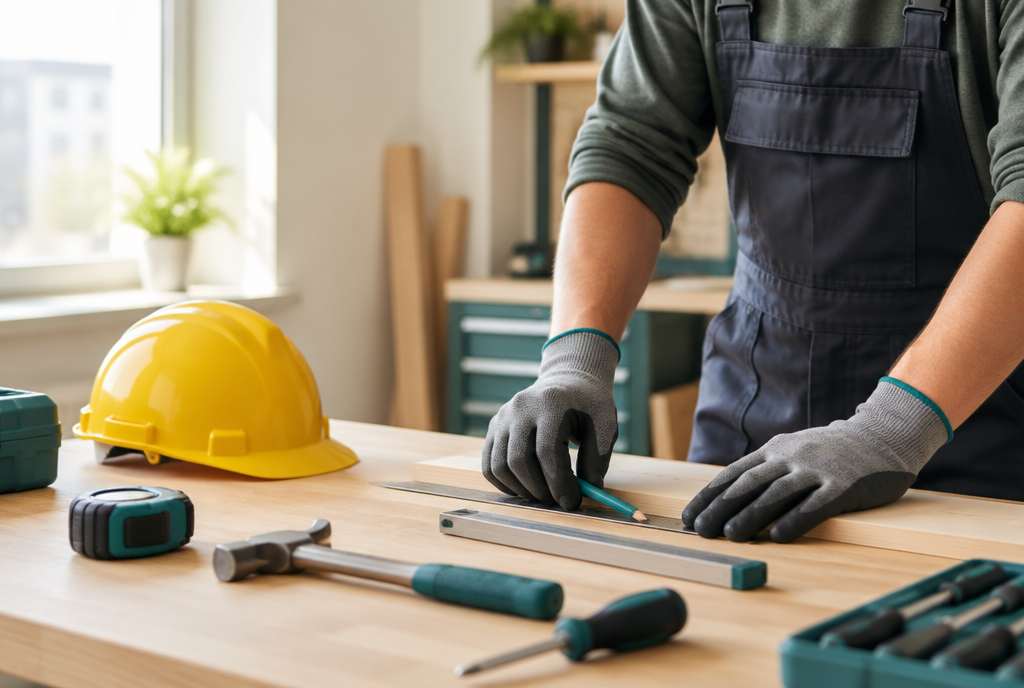 Hände in Arbeitshandschuhen an einer aufgeräumten Werkbank, gelber Schutzhelm daneben