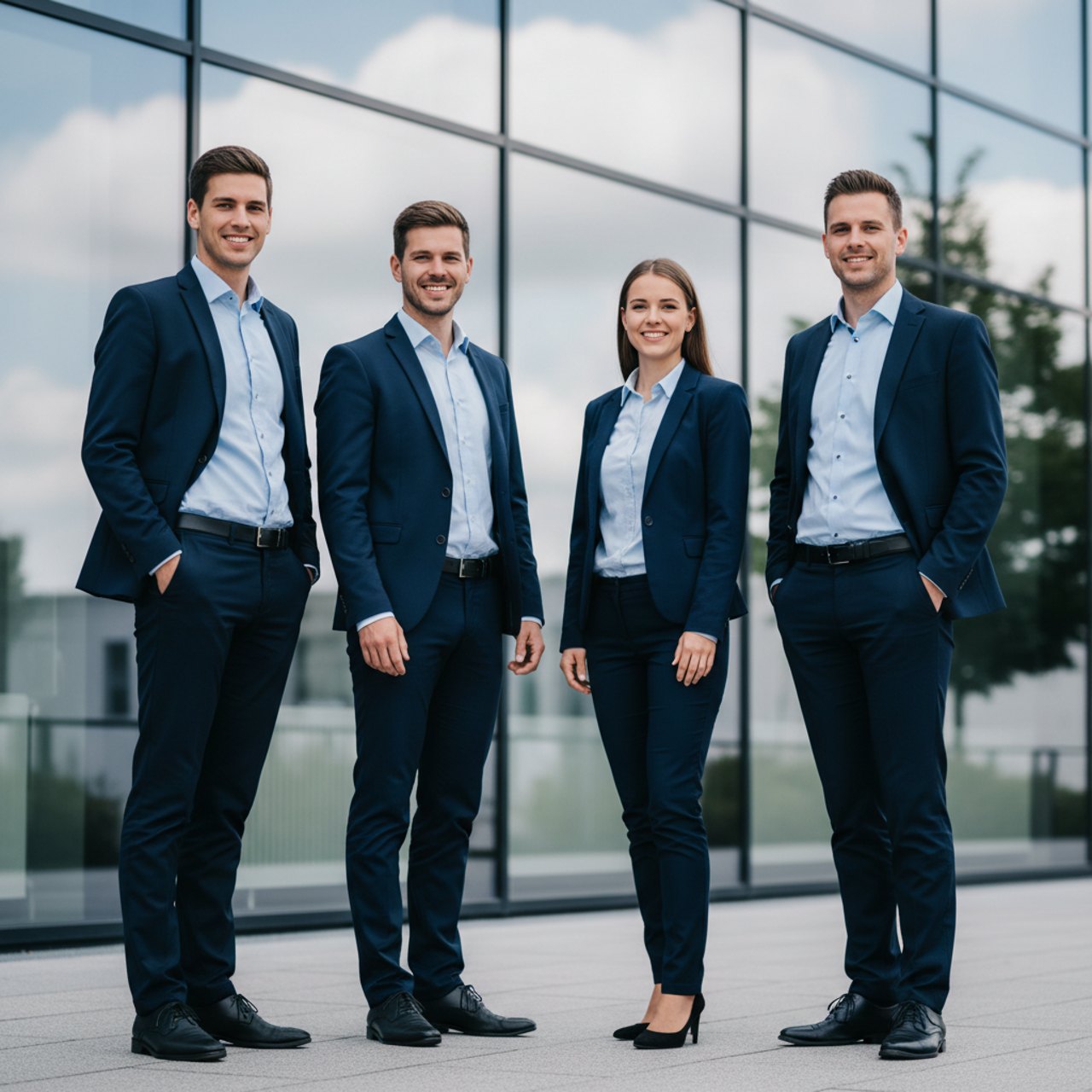 Kolleginnen und Kollegen vor dem Bürogebäude