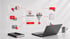 Digitale Symbole für Marketing, CRM und Sales-Funnel schweben über einem Laptop auf einem Schreibtisch.