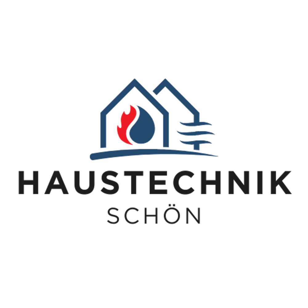 HAUSTECHNIK SCHÖN Logo mit zwei Häusern, das linke mit Flamme, das rechte mit stilisiertem Wasser und Wind.