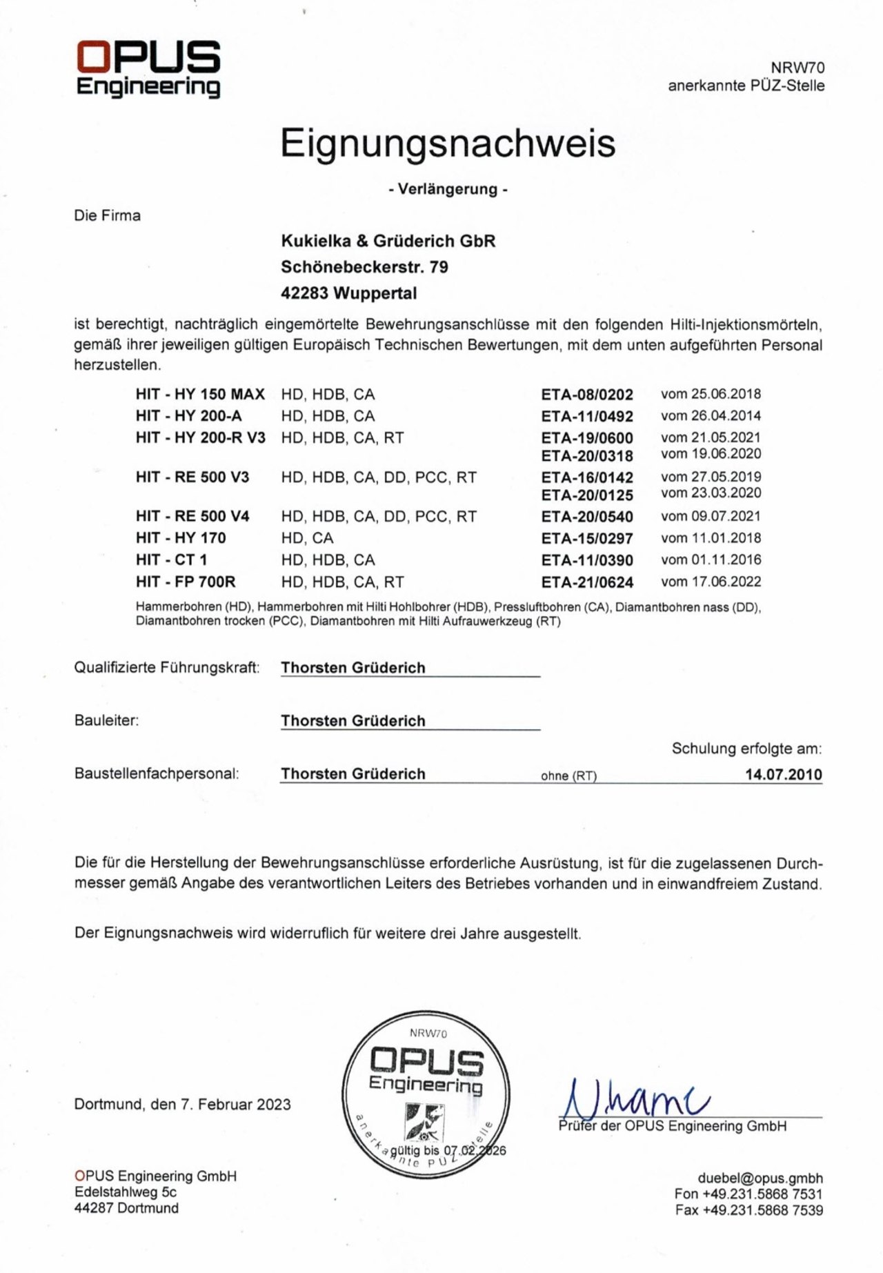 OPUS Eignungsnachweis Bewehrungsanschlüsse