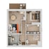 Grundriss einer möblierten Wohnung mit 4 Zimmern, Küche, Bad und Balkon, Draufsicht.