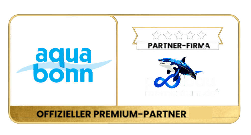 Logo "aqua bonn" und "poolbau-momentum.de" mit einem Orca und der Aufschrift "OFFIZIELLER PREMIUM-PARTNER".