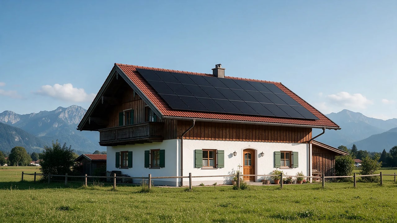 Bauernhaus mit Photovoltaikanlage vor Alpenkulisse