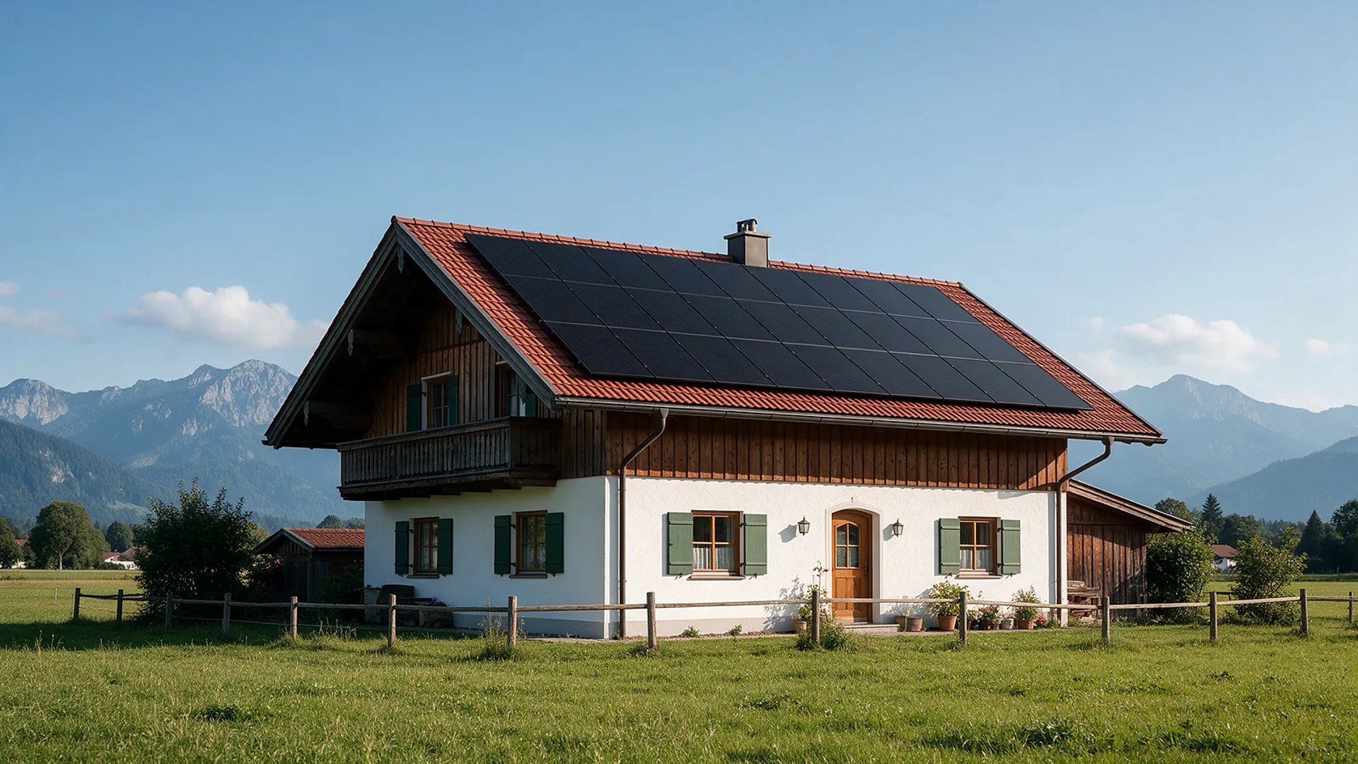 Bauernhaus mit Photovoltaik vor Alpenkulisse