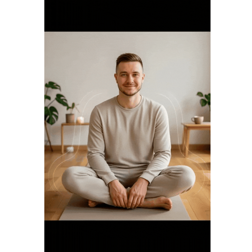 Mann meditiert auf einer Matte und schaut zufrieden in die Kamera