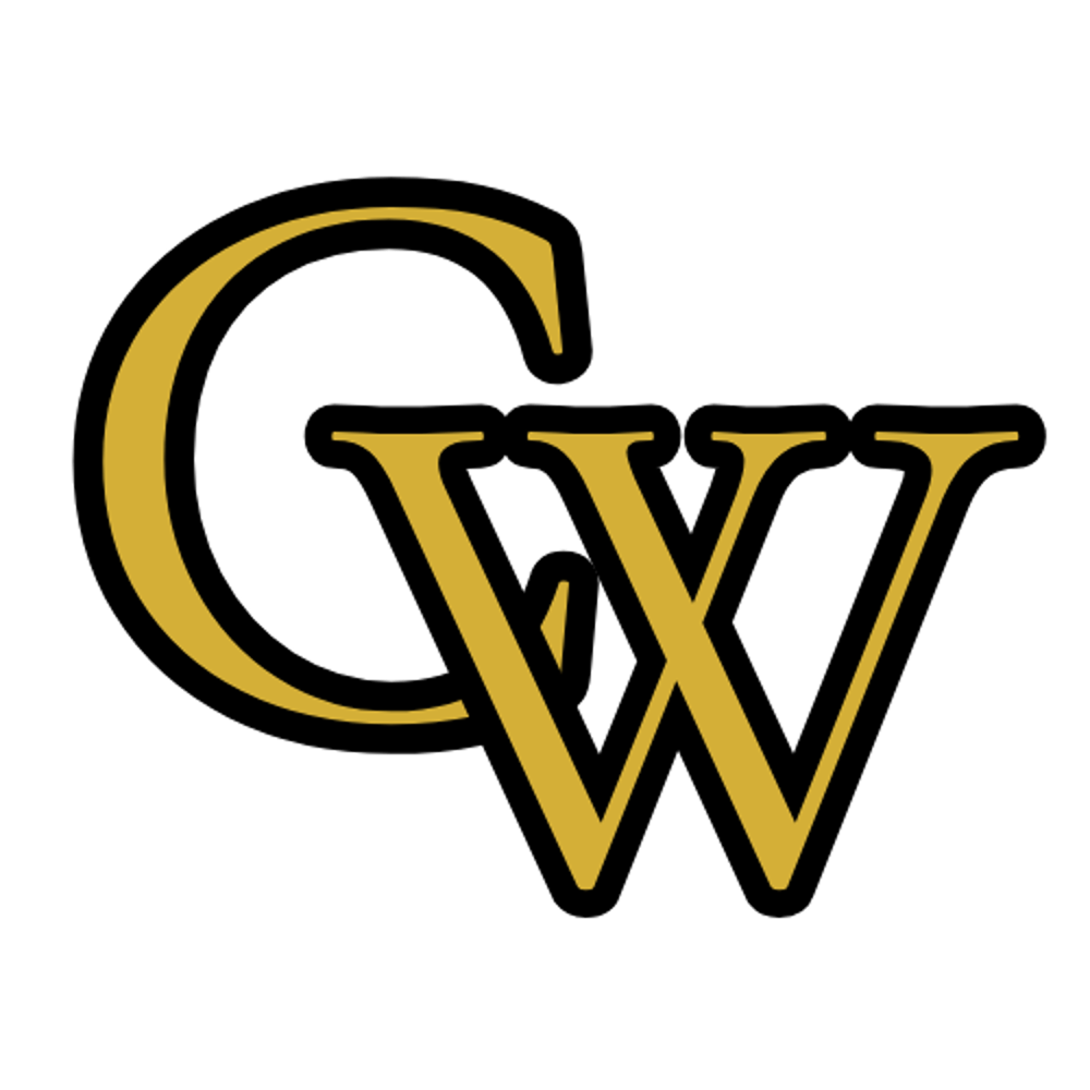 Goldfarbene Buchstaben „GW“ mit schwarzer Umrandung.