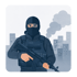 Eine Person mit schwarzer Sturmhaube und taktischer Weste hält ein Gewehr vor einer Skyline mit Rauch - Krisenstab-Software Notfall- und Krisenmanager (NKM®).