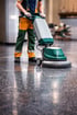 Eine Person in orangefarbener und grüner Arbeitskleidung bedient eine grüne und graue Bodenpoliermaschine auf einem glänzenden Steinboden.