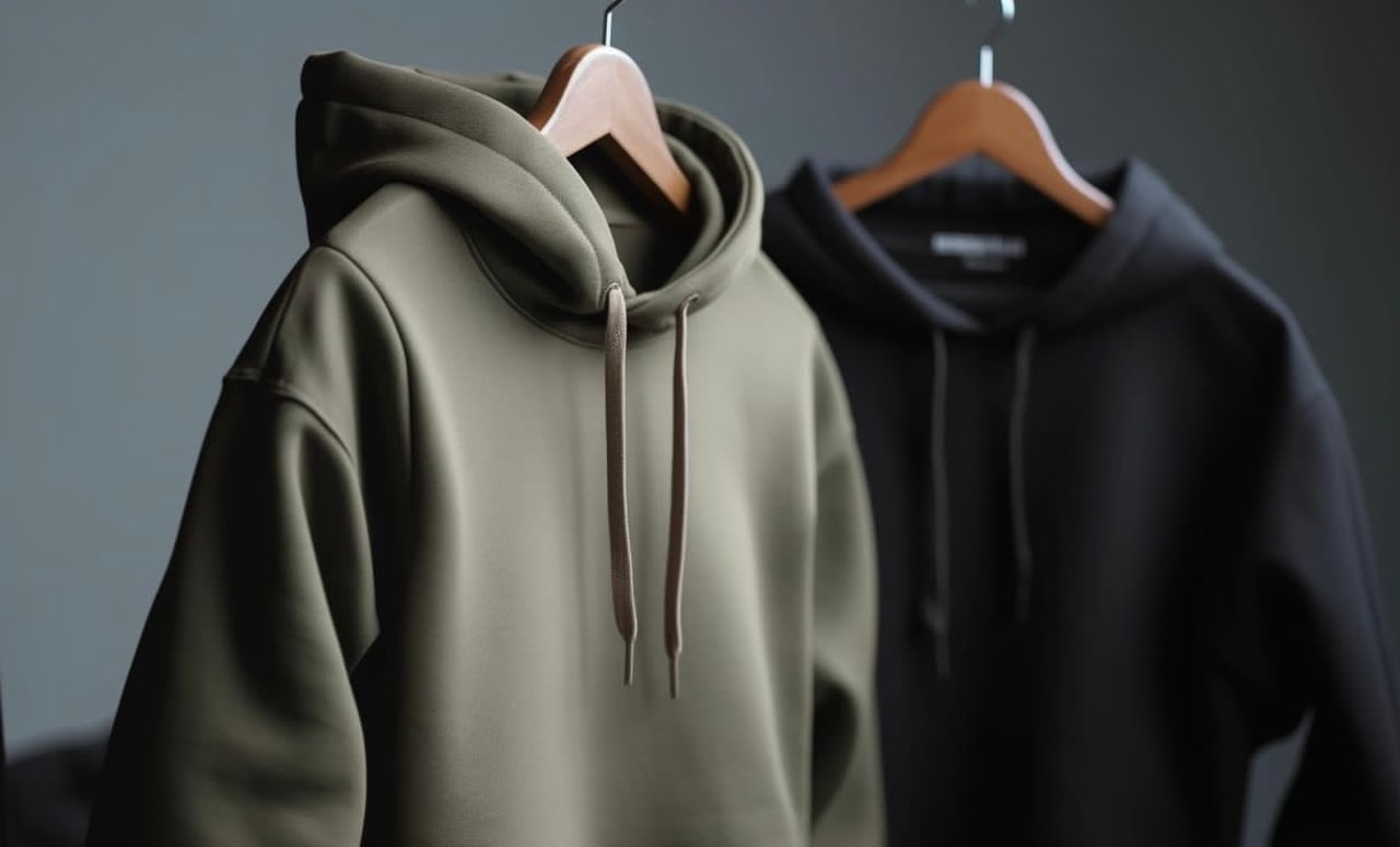 Ein olivgrüner und ein schwarzer Hoodie hängen an Holzkleiderbügeln – Textildruck von Mr. Tschunsi