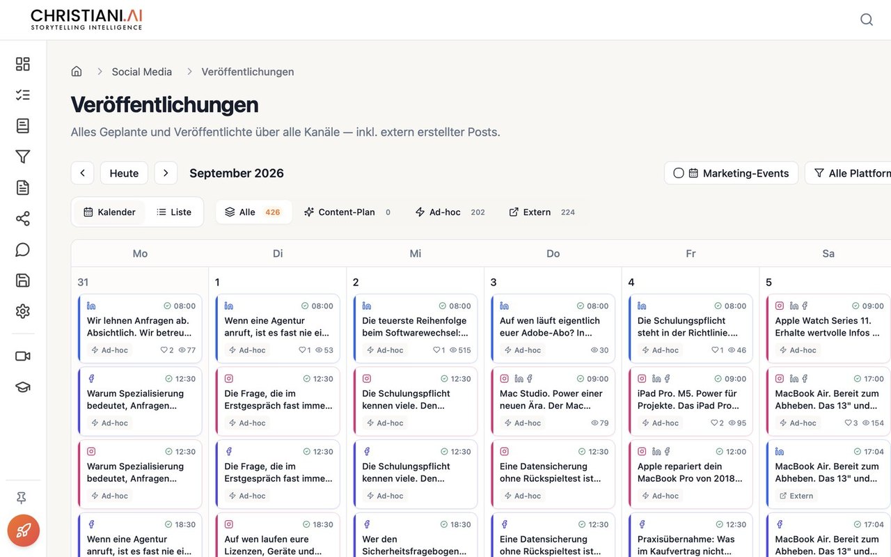 Christiani.AI, Kalender Veröffentlichungen im September 2026 mit geplanten Beiträgen für LinkedIn und Instagram