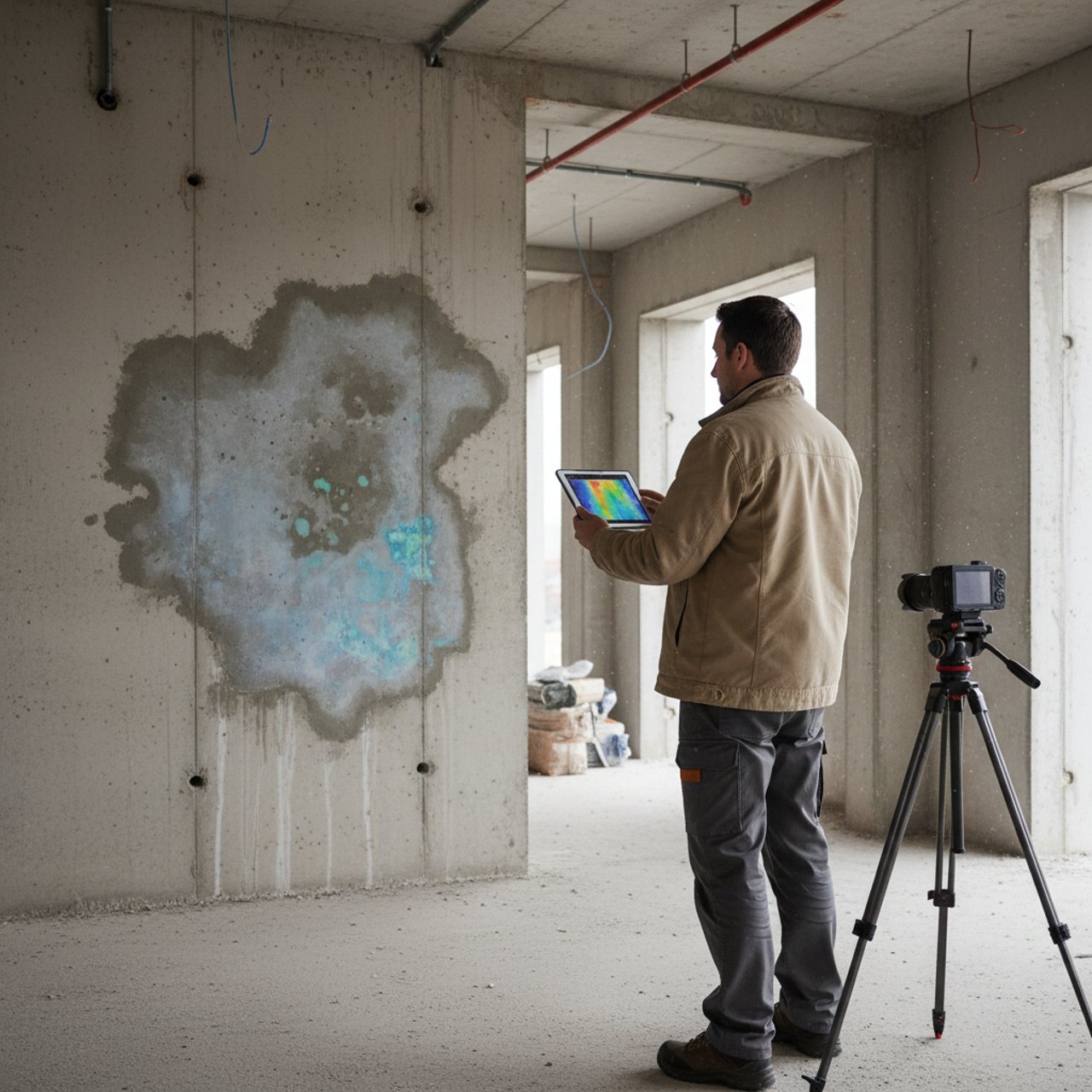 Bausachverständiger von König + Partner beim Ortstermin mit Tablet und 360-Grad-Kamera