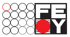 Logo mit 16 schwarzen Kreisen, einer rot umrandet, neben "FEOY" in Weiß auf schwarzem Grund mit rotem Kreis.