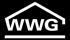 Weißes Logo mit stilisiertem Hausdach über dem Text "WWG" und einer Linie darunter, auf schwarzem Hintergrund.