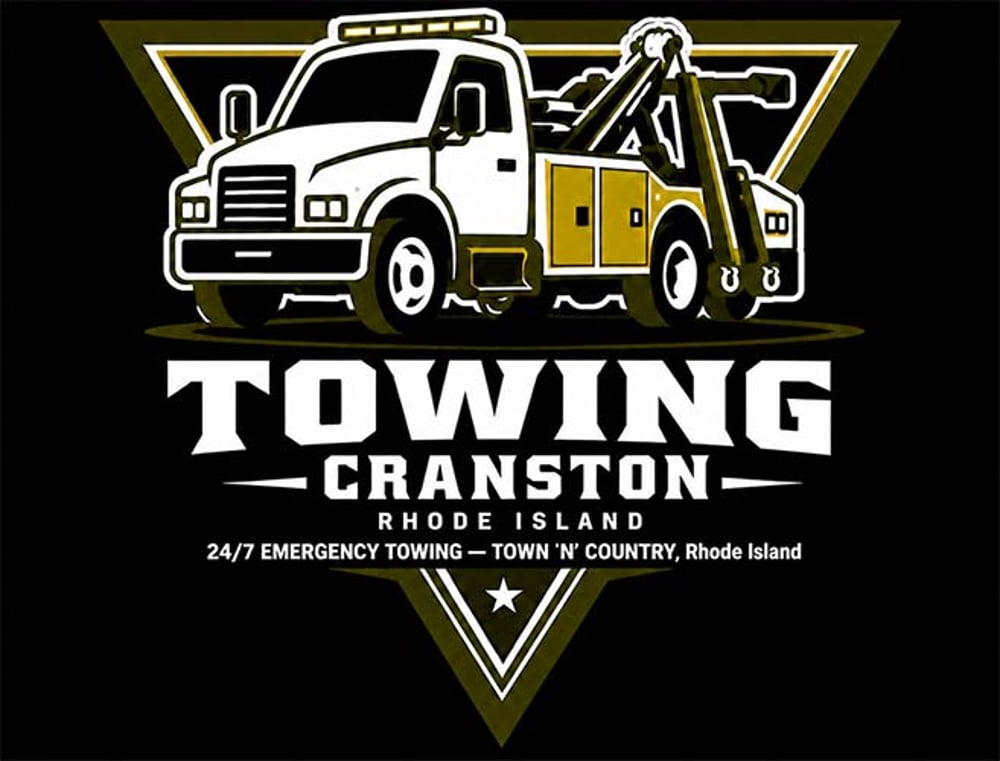 White tow truck logo with "TOWING CRANSTON RHODE ISLAND" and "24/7 EMERGENCY TOWING" text on black background.