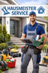 Ein lächelnder Hausmeister mit Werkzeuggürtel, Putzmittelkasten und Klemmbrett, vor einem Haus mit Rasenmäher. Überschrift: HAUSMEISTER SERVICE.