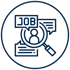 Icon einer Lupe mit einer Person in der Mitte und Sprechblasen mit dem Wort ‚Job‘