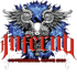 Logo mit Flügeln, Totenkopf, Rosen und dem roten Schriftzug "Inferno Covermetal Since 2010" vor blauem Flammenhintergrund.