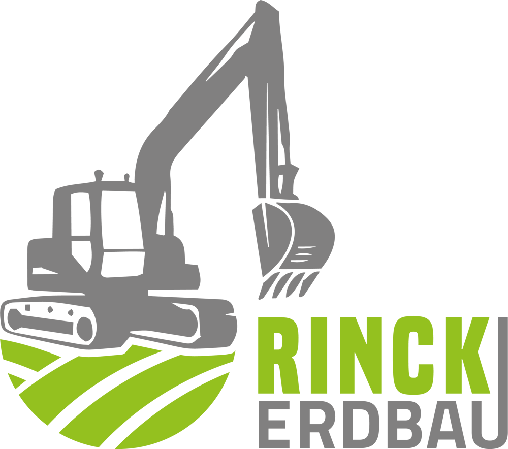 Logo von Rinck Erdbau mit einem Bagger der auf geschwungenen Linien steht die einen Acker nachbilden. Farbgebung grün und grau. 