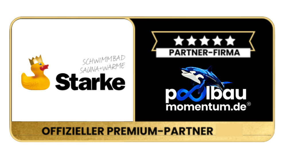 Linke Seite zeigt eine gelbe Gummiente mit Krone und Text "Schwimmbad Sauna Wärme Starke", rechts Partnerfirma podibau marketing.de mit Logo.