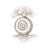 Gezeichneter Baum, dessen Stamm einen Kreis mit Spirale bildet, mit weit verzweigter Krone und Wurzeln
