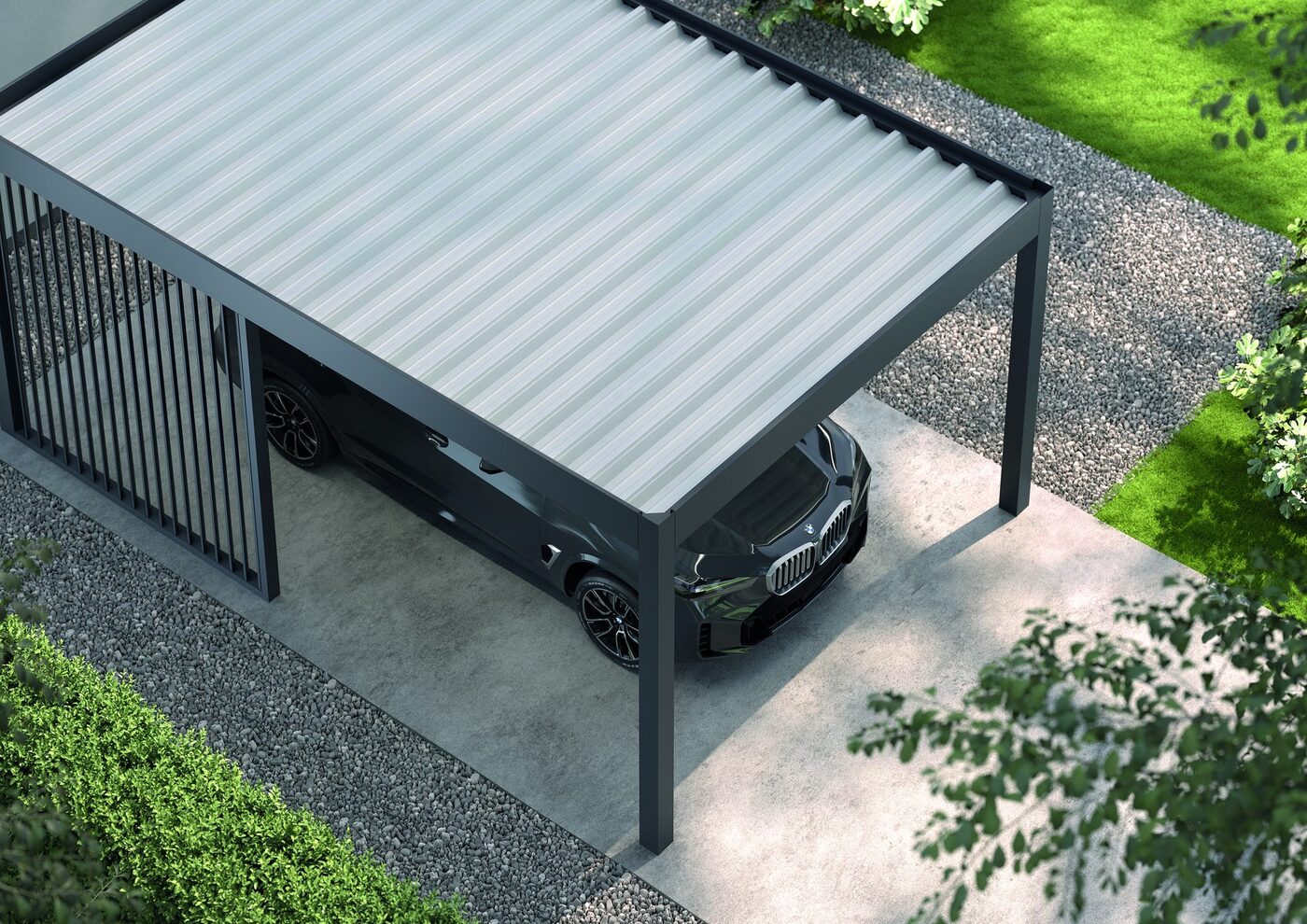 Pinela Carport mit Stahlblechdach über einem Auto
