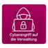 Hooded Figur vor Laptop mit Schloss-Symbol und Text "Cyberangriff auf die Verwaltung" auf magentafarbenem Hintergrund - Katastrophenschutz-Software Notfall- und Krisenmanager (NKM®).