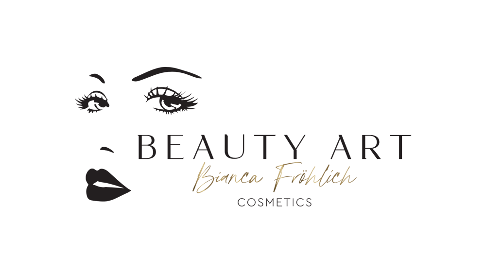Logo: stilisiertes Frauengesicht mit Text "BEAUTY ART," "Bianca Fröhlich" in Gold, "COSMETICS" auf Grün.