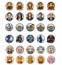 Eine Sammlung von 30 runden Avataren oder Logos mit Rechtsthemen, Gebäuden und anthropomorphen Tieren.