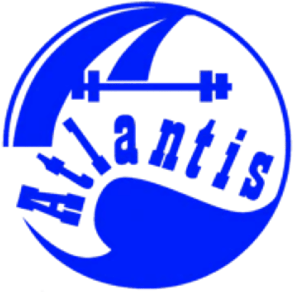 Blaues Logo mit einem Kreis, dem Wort "Atlantis", einer Hantel und einer stilisierten Hand.