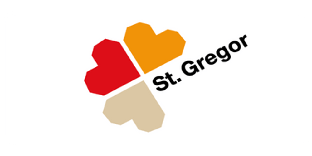 Vier bunte Herzformen bilden ein Kleeblatt mit dem Text "St. Gregor".