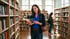 A woman reads a book in a brightly lit bookstore aisle surrounded by wooden bookshelves filled with various titles.