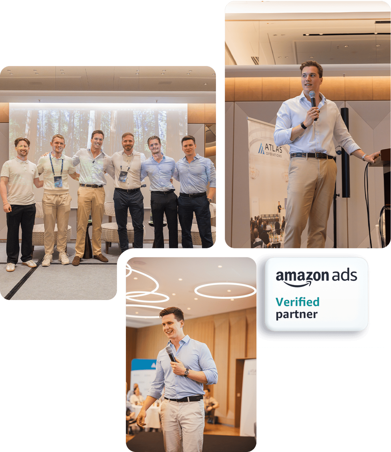 Das ATLAS-Team auf der Bühne, Roland und Alexander am Mikrofon, Amazon Ads Verified Partner
