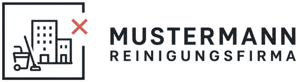 Logo: Gebäudereinigung mit Gebäuden, Reinigungsutensilien und rotem X, daneben "MUSTERRMANN REINIGUNGSFIRMA".
