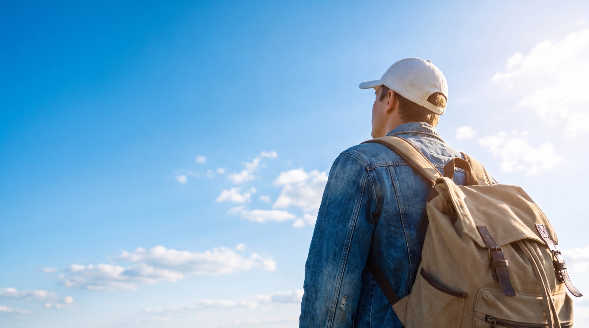 Junger Mann mit Rucksack vor blauem Himmel