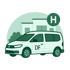 Weißer Kleinbus mit „DF“-Logo vor einem Gebäude mit grünem „H“-Symbol.