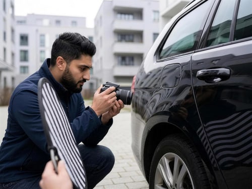 KFZ-Gutachter im Münchner Osten prüft mit einem Dellensegel die Spiegelung im Lack eines schwarzen Fahrzeugs und fotografiert den Schaden