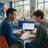 A teacher in a classroom reviews a digital dashboard on a laptop and paper documents with a teenage student.