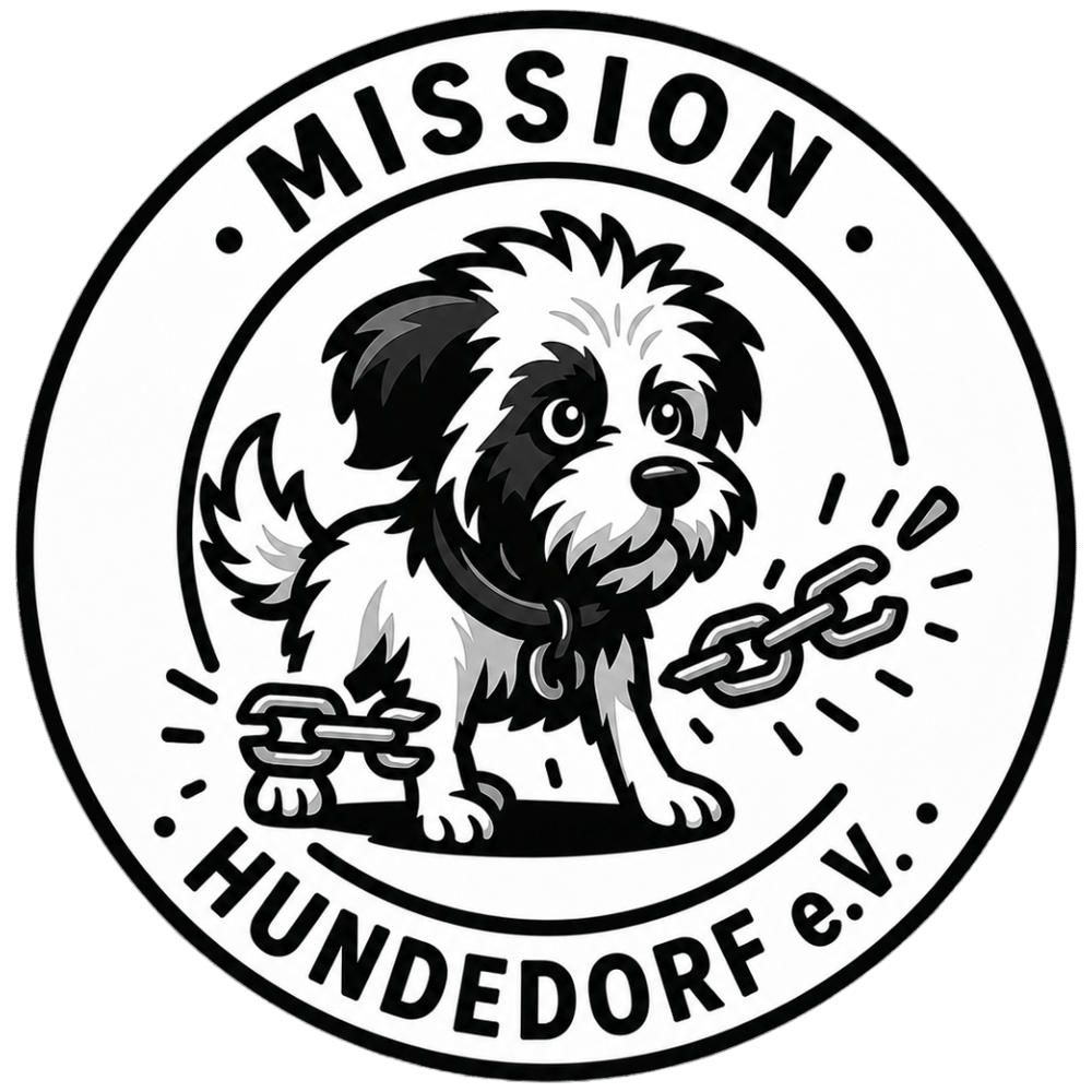 Schwarz-weißes Logo: Hund löst eine Kette, umgeben von "MISSION ZWEITE CHANCE FÜR HUNDE e.V.".