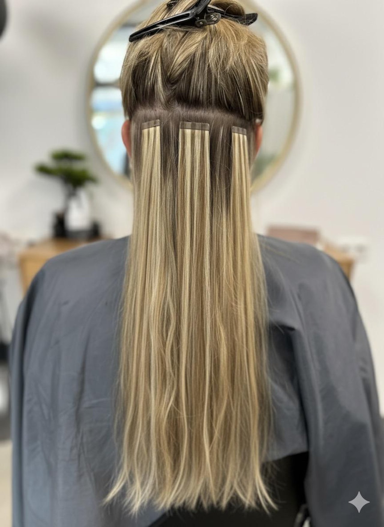 Rückansicht einer Person mit blonden Tape-Extensions, die am Hinterkopf in das Naturhaar eingearbeitet sind.