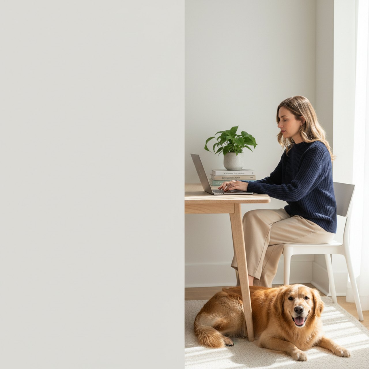 Hundebranche Marketing – Unternehmerin arbeitet mit ihrem Hund an Marketingstrategie für WORTKERN