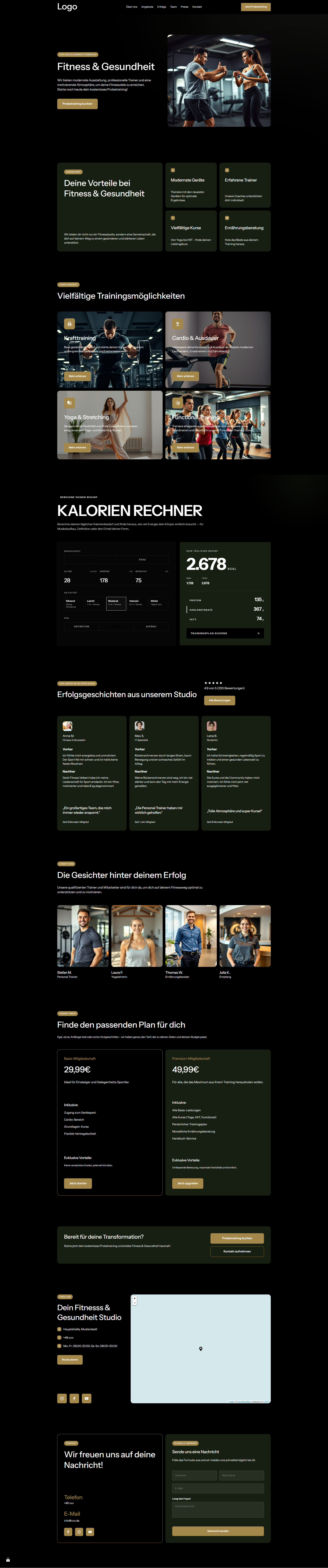 Zu sehen ist die fiktive Webseite eines Fitness-Studios. Alle gezeigten Inhalte wie Bilder, Personen und Texte haben keinen realen Bezug und sind KI generiert.