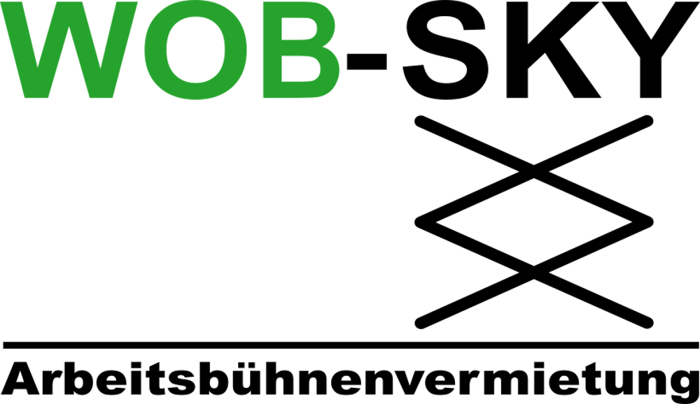 WOB-SKY Arbeitsbühnenvermietung Logo mit grünem WOB und schwarzem SKY, darunter ein schwarzes, gewelltes X-Muster.